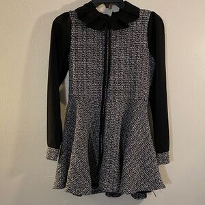 Black & Gray Tweed Fit-and-Flare Dress with Ribbon Collar